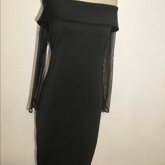 Calvin Klein black off shoulder fold over sheer sleeve sheath dress - Picture 6 of 8